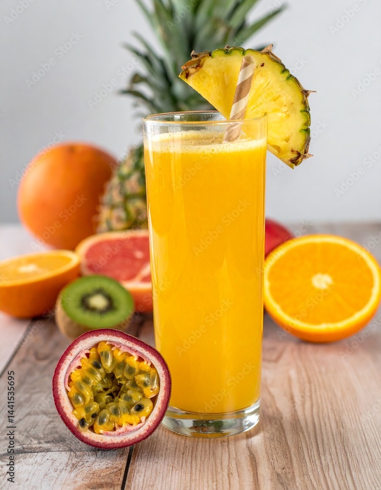freshly squeezed mixed tropical fruit juice served in a tall glass for a vibrant refreshment freshly squeezed mixed tropical fruit juice served in a tall glass for a vibrant refreshment