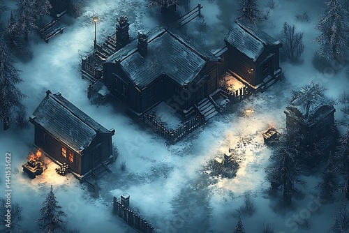 Snowy village nestled in a winter forest at night.