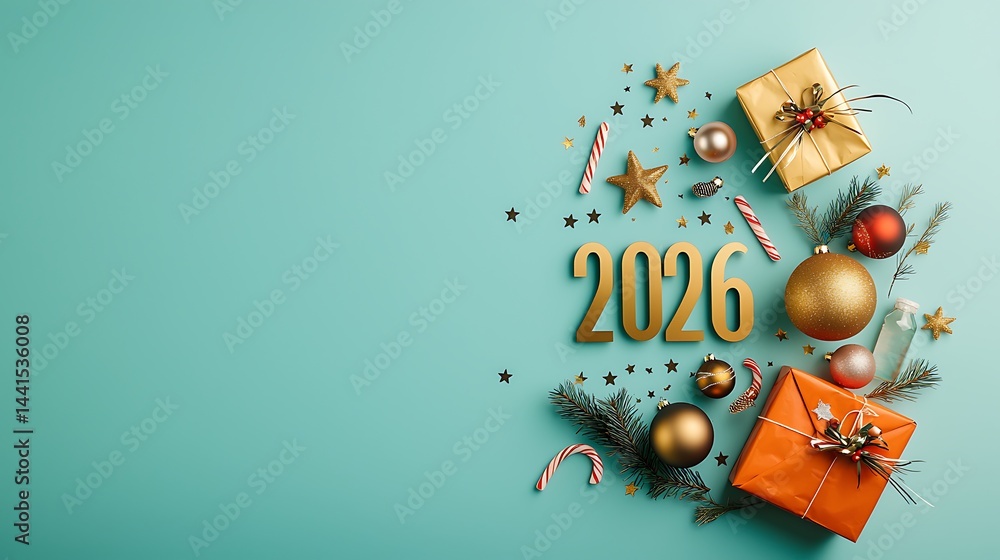 Fototapeta premium Festive teal background featuring 2026, gifts, ornaments, candy canes, and stars
