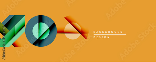 Abstract geometric composition. Overlapping shapes create dynamic visual effect. Warm orange backdrop complements cool green, blue gradients. Modern design element.