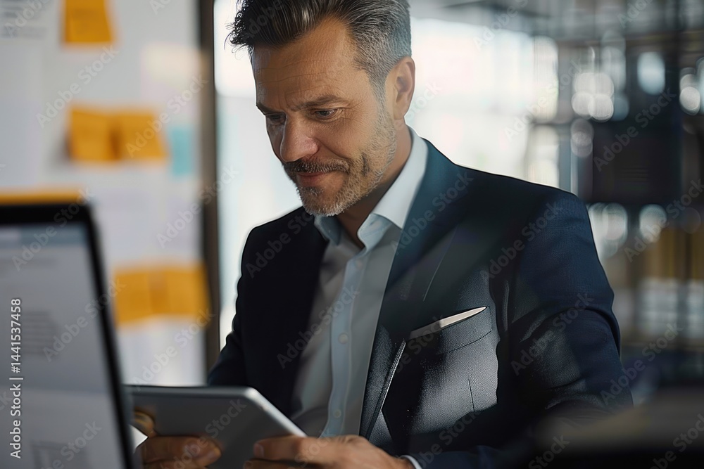 Middle-aged man in a dark suit and light blue shirt working attentively on a tablet in a modern office environment with a calm and focused expression Middle-aged man in a dark suit and light blue shirt working attentively on a tablet in a modern office environment with a calm and focused expression
