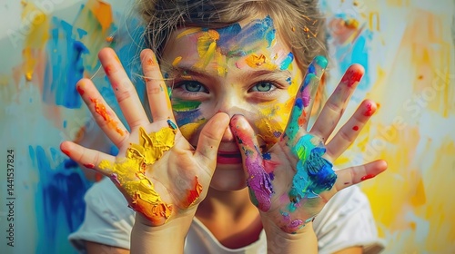 Joyful child with bright paint all over face and hands showing colorful palms with playful and creative expression in a vibrant artistic setting