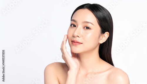 Asian woman touching her face with radiant skin white background