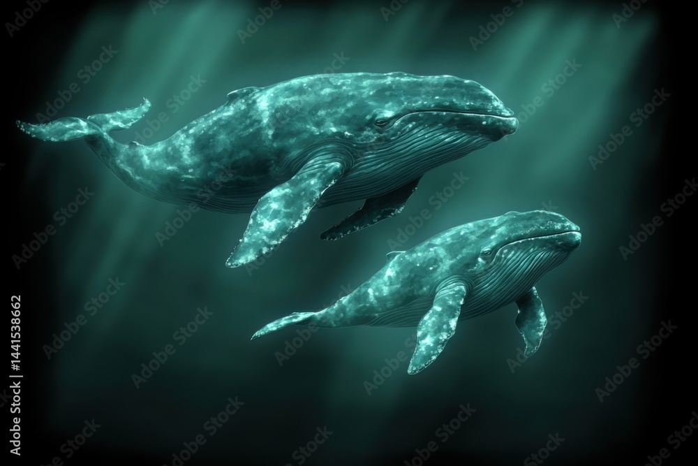 Naklejka premium Two whales swim gracefully underwater with light filtering from above.