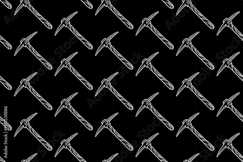 railroad pickaxe miner doodle seamless pattern on black background for miner, explorer, adventure pickaxe engraving pattern background. retro pickaxe mining tool hatching illustration wallpaper