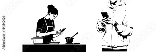 silhouette, black and white, smartphone, mobile phone, hand holding phone, person with smartphone, man silhouette, woman silhouette, mobile device, digital device, minimalistic, monochrome, communicat