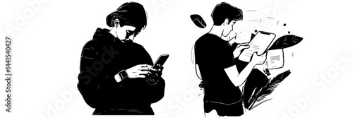 silhouette, black and white, smartphone, mobile phone, hand holding phone, person with smartphone, man silhouette, woman silhouette, mobile device, digital device, minimalistic, monochrome, communicat