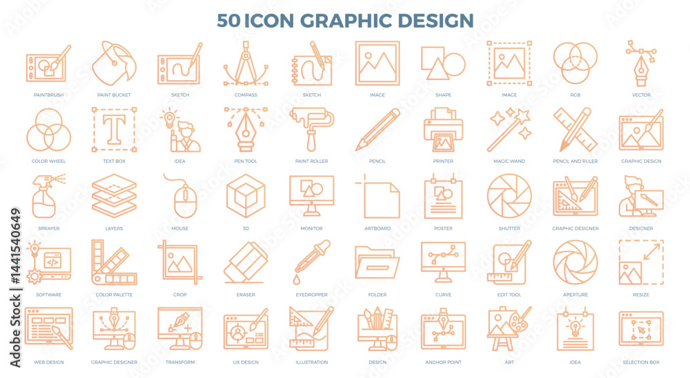 Set of vector icons illustrating various aspects of digital design, including software development, color palettes, web design, and graphic design. Perfect for use in presentations, websites, and mark Set of vector icons illustrating various aspects of digital design, including software development, color palettes, web design, and graphic design. Perfect for use in presentations, websites, and mark