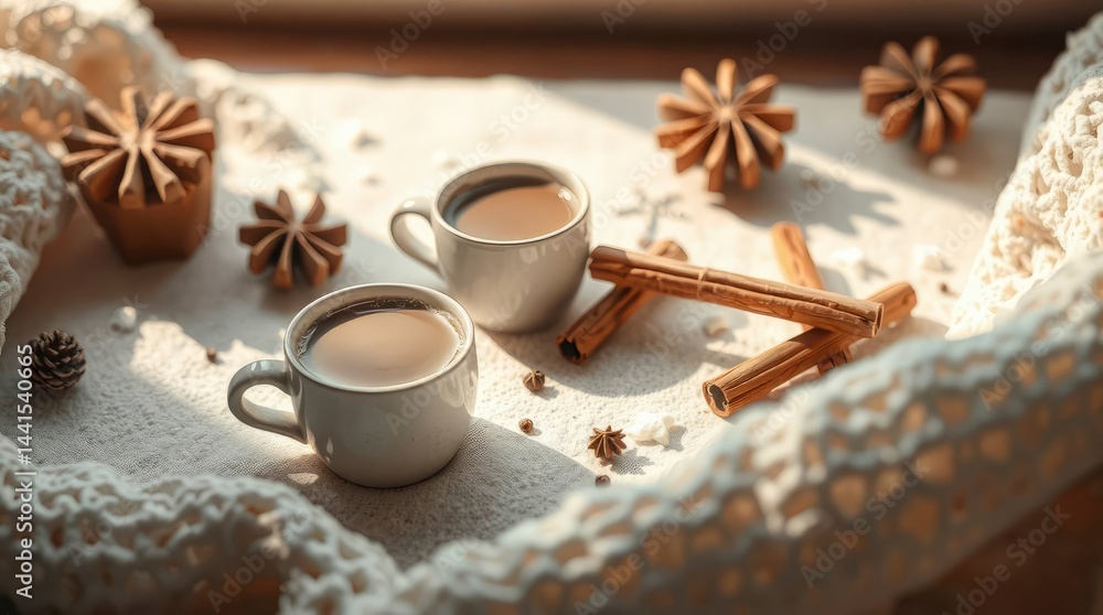Warmth emanates from a cozy scene with mugs of coffee, cinnamon sticks, and knit blanket. Soft Warmth emanates from a cozy scene with mugs of coffee, cinnamon sticks, and knit blanket. Soft