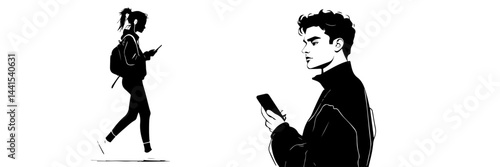 silhouette, black and white, smartphone, mobile phone, hand holding phone, person with smartphone, man silhouette, woman silhouette, mobile device, digital device, minimalistic, monochrome, communicat