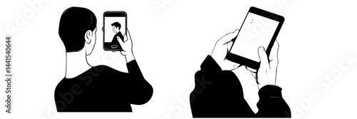 silhouette, black and white, smartphone, mobile phone, hand holding phone, person with smartphone, man silhouette, woman silhouette, mobile device, digital device, minimalistic, monochrome, communicat