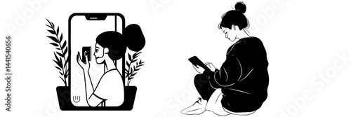 silhouette, black and white, smartphone, mobile phone, hand holding phone, person with smartphone, man silhouette, woman silhouette, mobile device, digital device, minimalistic, monochrome, communicat