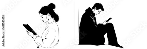 silhouette, black and white, smartphone, mobile phone, hand holding phone, person with smartphone, man silhouette, woman silhouette, mobile device, digital device, minimalistic, monochrome, communicat
