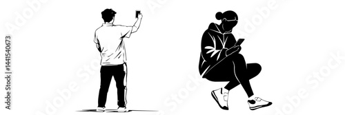 silhouette, black and white, smartphone, mobile phone, hand holding phone, person with smartphone, man silhouette, woman silhouette, mobile device, digital device, minimalistic, monochrome, communicat