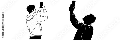 silhouette, black and white, smartphone, mobile phone, hand holding phone, person with smartphone, man silhouette, woman silhouette, mobile device, digital device, minimalistic, monochrome, communicat