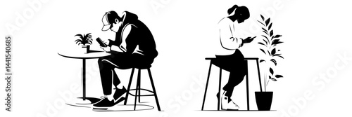 silhouette, black and white, smartphone, mobile phone, hand holding phone, person with smartphone, man silhouette, woman silhouette, mobile device, digital device, minimalistic, monochrome, communicat