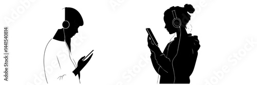silhouette, black and white, smartphone, mobile phone, hand holding phone, person with smartphone, man silhouette, woman silhouette, mobile device, digital device, minimalistic, monochrome, communicat