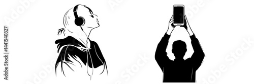 silhouette, black and white, smartphone, mobile phone, hand holding phone, person with smartphone, man silhouette, woman silhouette, mobile device, digital device, minimalistic, monochrome, communicat
