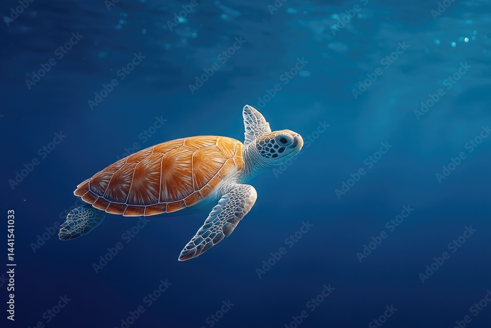 Fototapeta premium capture single sea turtle on smooth solid blue background
