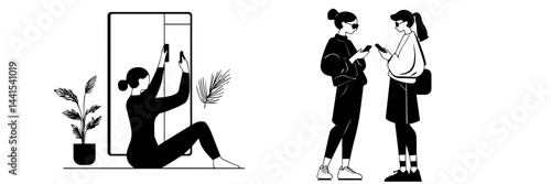 silhouette, black and white, smartphone, mobile phone, hand holding phone, person with smartphone, man silhouette, woman silhouette, mobile device, digital device, minimalistic, monochrome, communicat