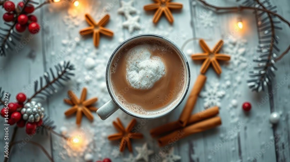 Cozy winter beverage with heart-shaped marshmallow, cinnamon sticks, and holiday decorations, Cozy winter beverage with heart-shaped marshmallow, cinnamon sticks, and holiday decorations,