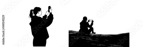 silhouette, black and white, smartphone, mobile phone, hand holding phone, person with smartphone, man silhouette, woman silhouette, mobile device, digital device, minimalistic, monochrome, communicat
