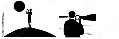 silhouette, black and white, smartphone, mobile phone, hand holding phone, person with smartphone, man silhouette, woman silhouette, mobile device, digital device, minimalistic, monochrome, communicat