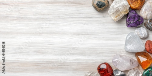 Wallpaper Mural A collection of colorful gemstones arranged on a light wooden surface, showcasing their unique shapes and textures. Torontodigital.ca