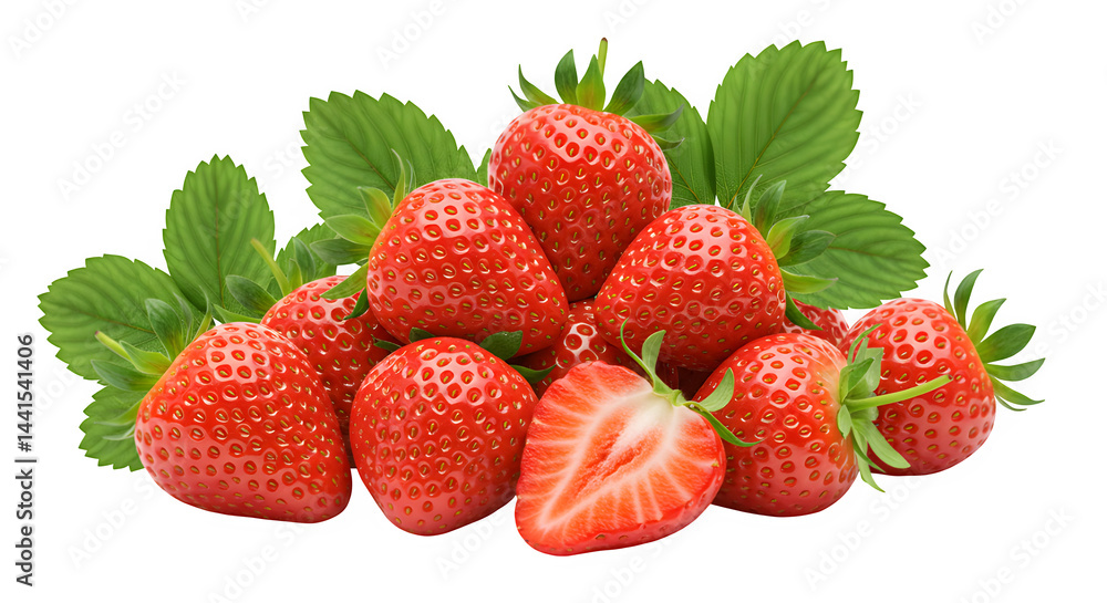 Fresh ripe strawberries with green leaves isolated on white or transparent background png, ideal for food, health, and organic lifestyle visuals. Fresh ripe strawberries with green leaves isolated on white or transparent background png, ideal for food, health, and organic lifestyle visuals.