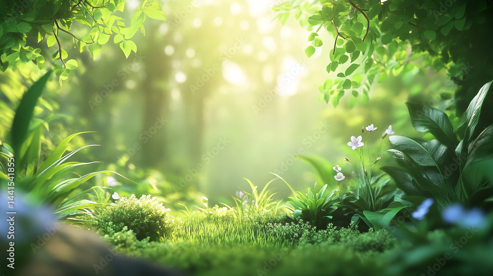 A vibrant green grass by the soft blurred bokeh of lush foliage, Enchanting garden scene with lush green leaves in summer sunlight, A peaceful and serene nature background. A vibrant green grass by the soft blurred bokeh of lush foliage, Enchanting garden scene with lush green leaves in summer sunlight, A peaceful and serene nature background.