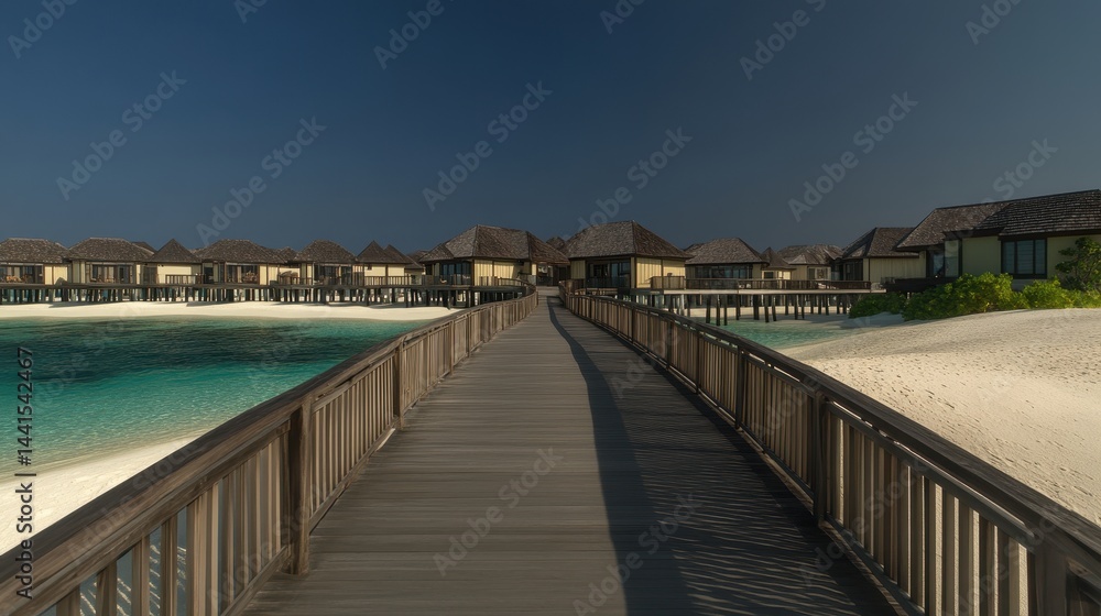 Fototapeta premium Tropical island resort walkway over turquoise lagoon.
