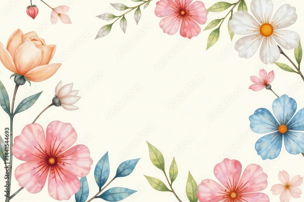 Naklejka premium Pastel Floral Border Design A Delicate Arrangement of Blossoms and Leaves for a Whimsical Background