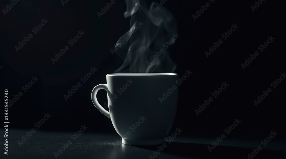 A steaming, minimalist white mug sits in the darkness, hinting at warmth and comfort against a A steaming, minimalist white mug sits in the darkness, hinting at warmth and comfort against a