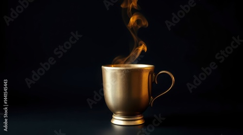 Elegant gold mug of steaming beverage sits dramatically against a dark, evocative backdrop.