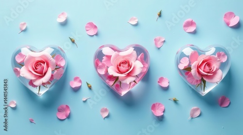 Three delicate pink roses nestled within clear heart-shaped containers, adorned with scattered rose petals on a light blue background, symbolizing love and affection.