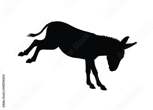 Kicking donkey silhouette. This image shows a black silhouette of a donkey in a kicking pose, also known as a mule or equine, in a dynamic and energetic stance. Vector clipart illustration design.