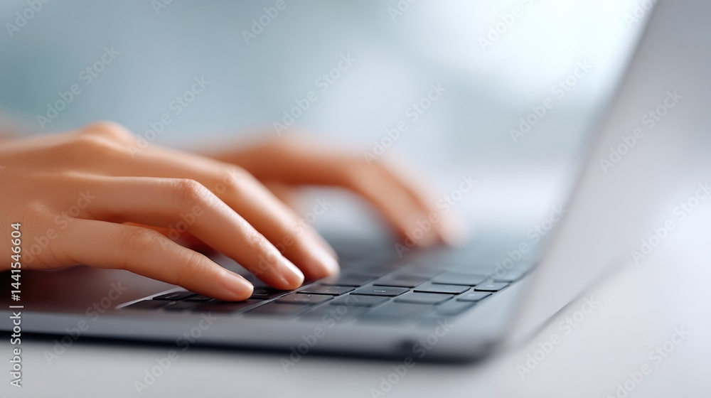 close-up of hands typing on laptop keyboard surrounded by minimalistic desk setup ideal for remote work themes close-up of hands typing on laptop keyboard surrounded by minimalistic desk setup ideal for remote work themes