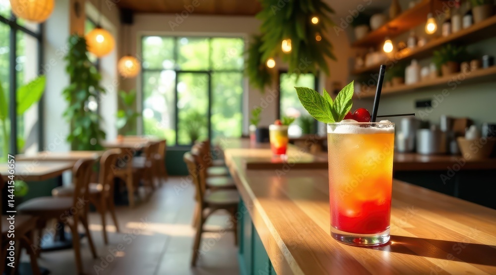 Refreshing layered cocktail on a sunny bar top in a vibrant cafe setting Refreshing layered cocktail on a sunny bar top in a vibrant cafe setting