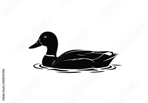 Duck swimming silhouette. This image shows a black silhouette of a duck gliding across the water with gentle ripples forming around it. Vector clipart illustration design.