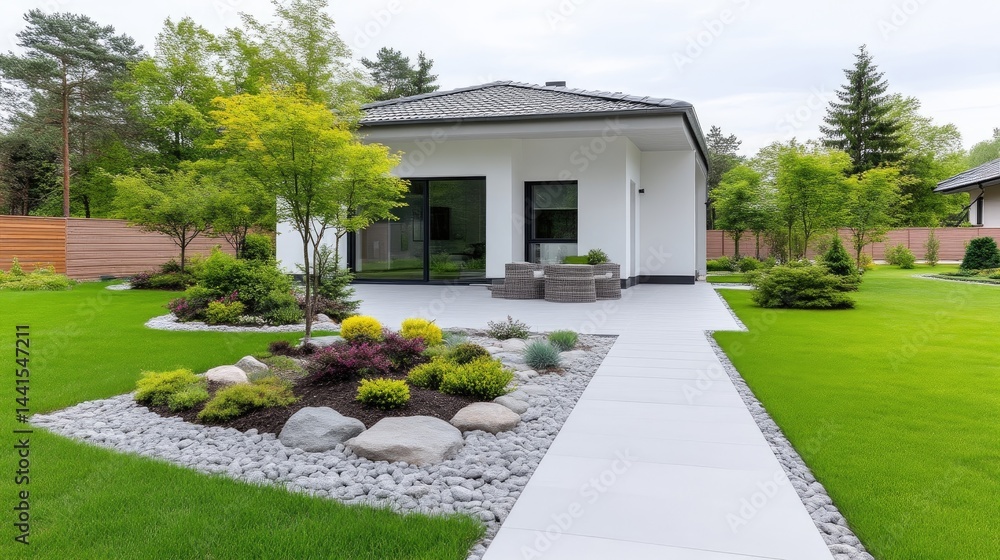 Fototapeta premium Modern home exterior with meticulously landscaped backyard. A paved walkway leads to a patio area, featuring a mix of flowering shrubs, trees, and stones