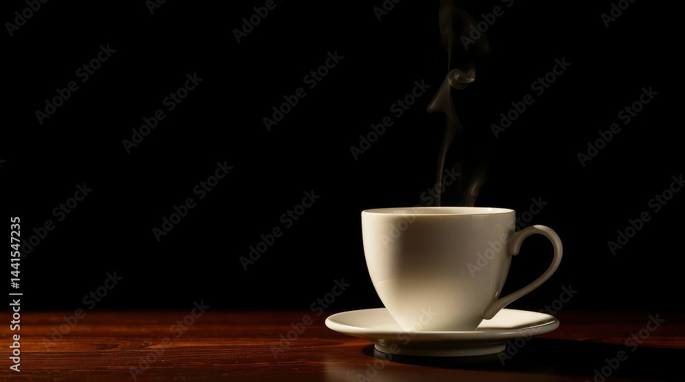 Elegant steaming white cup and saucer positioned on a dark wooden surface against a black backdrop. Elegant steaming white cup and saucer positioned on a dark wooden surface against a black backdrop.