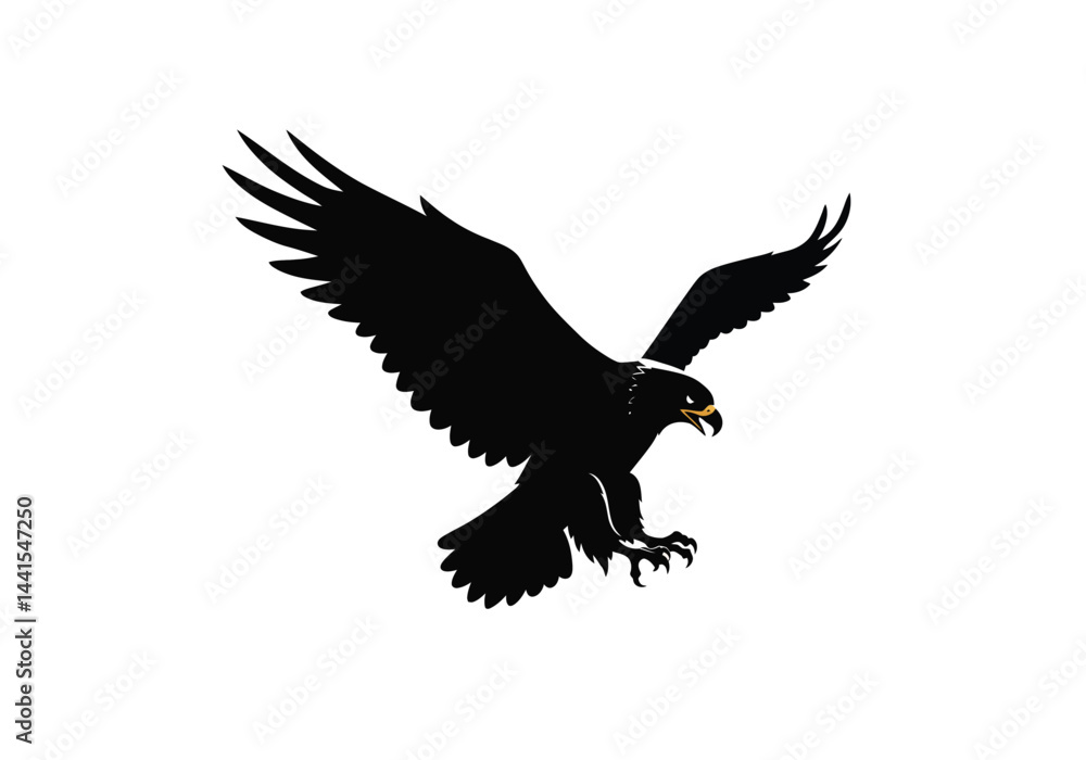 Obraz premium Eagle silhouette. A black silhouette image of an eagle with wings spread wide, talons extended, and beak open, representing a powerful and majestic bird of prey. Vector clipart illustration design.