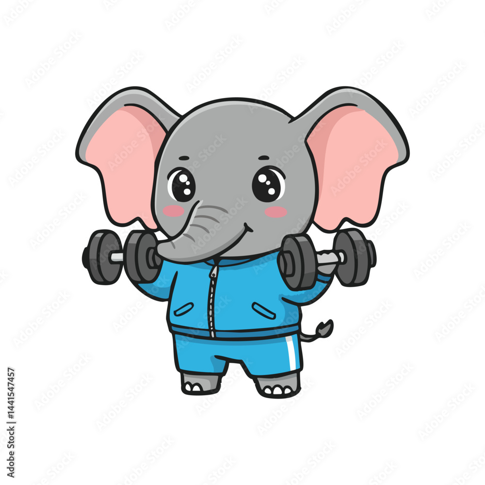 Naklejka premium cute icon character elephant lifting dumbbells