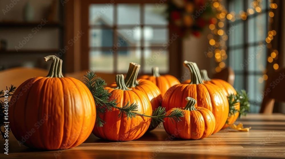 A rustic autumnal still life capturing a group of bright orange pumpkins arranged on a wooden table adorned with evergreen sprigs, bathed in warm sunlight creating a cozy, seasonal ambiance. A rustic autumnal still life capturing a group of bright orange pumpkins arranged on a wooden table adorned with evergreen sprigs, bathed in warm sunlight creating a cozy, seasonal ambiance.