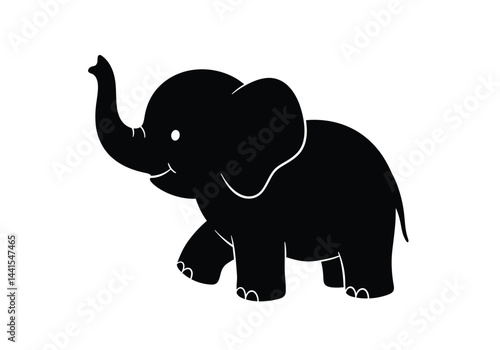 Cartoon elephant silhouette. A black silhouette image of a cartoon elephant with a raised trunk, large ears, and tusks, emphasizing its playful and stylized form. Vector clipart illustration design.