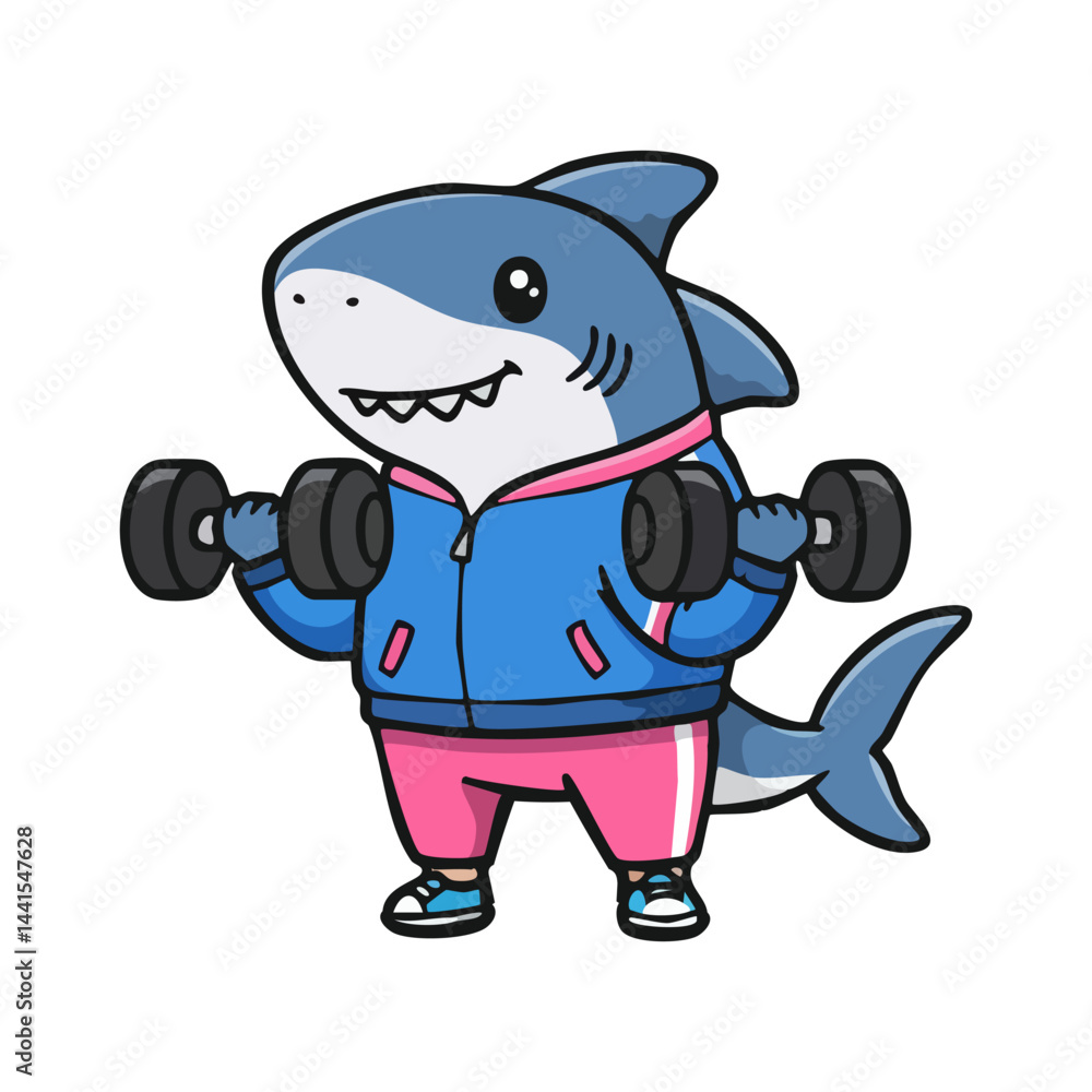 Naklejka premium cute icon character shark lifting dumbbells