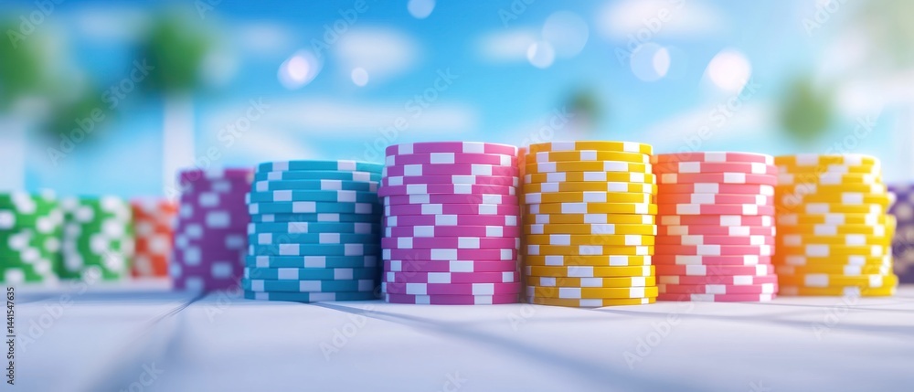Colorful Casino Chips on Beach Vacation Background