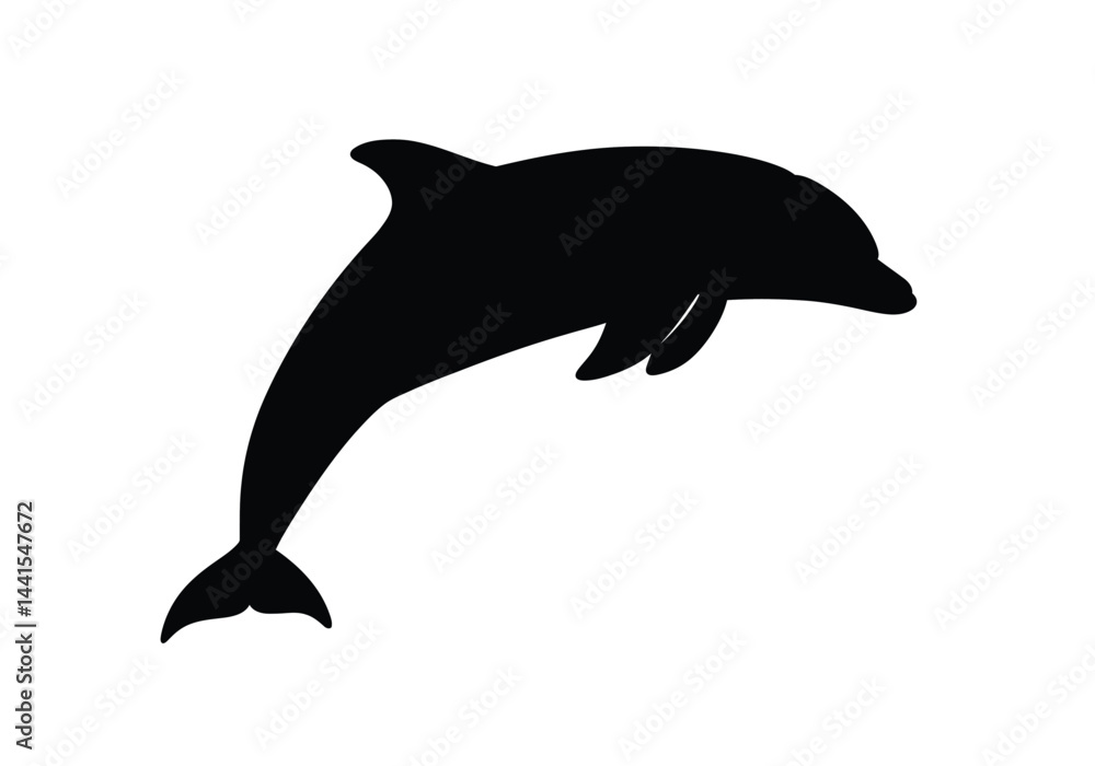 Fototapeta premium Dolphin silhouette. This image shows a black silhouette of a dolphin, highlighting its streamlined body and fins. Vector clipart illustration design.