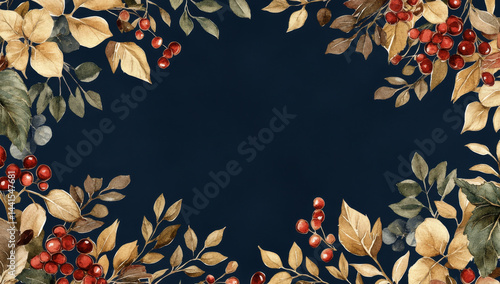 dark blue background adorned with watercolor floral elements, featuring golden leaves and red berries, creating warm and inviting atmosphere. Perfect for seasonal designs