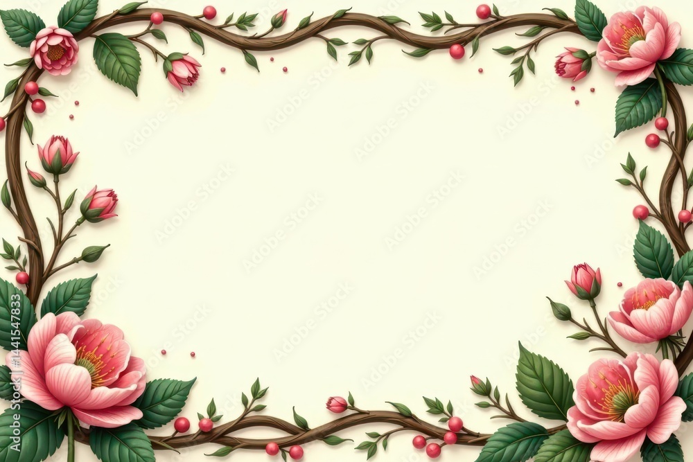 Fototapeta premium Elegant floral frame with blooming pink blossoms and intertwining branches, perfect for invitations or announcements